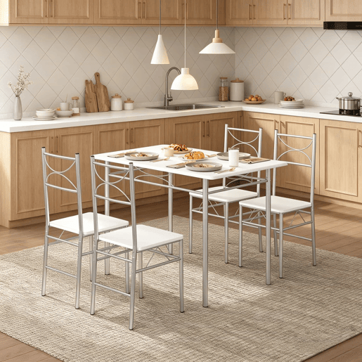 Conjunto de sala de jantar 70 x 110 x 76 cm - Mesa e cadeiras de design moderno para sala de jantar e varanda - Prateado e branco Conjunto de sala de jantar 70 x 110 x 76 cm - Mesa e cadeiras de design moderno para sala de jantar e varanda - Prateado e branco