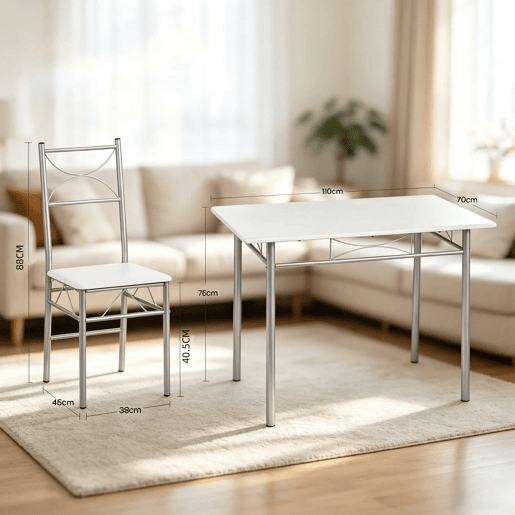 Conjunto de sala de jantar 70 x 110 x 76 cm - Mesa e cadeiras de design moderno para sala de jantar e varanda - Prateado e branco Conjunto de sala de jantar 70 x 110 x 76 cm - Mesa e cadeiras de design moderno para sala de jantar e varanda - Prateado e branco