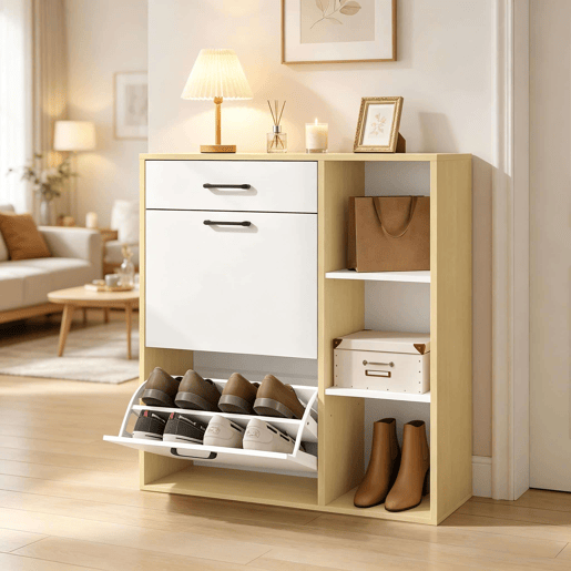 Sapateira 80 x 30 x 90 cm - 3 em 1, organizador de sapatos estreito com espaço de arrumação para a entrada - Branco