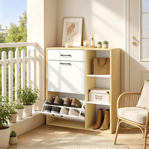Sapateira 80 x 30 x 90 cm - 3 em 1, organizador de sapatos estreito com espaço de arrumação para a entrada - Branco