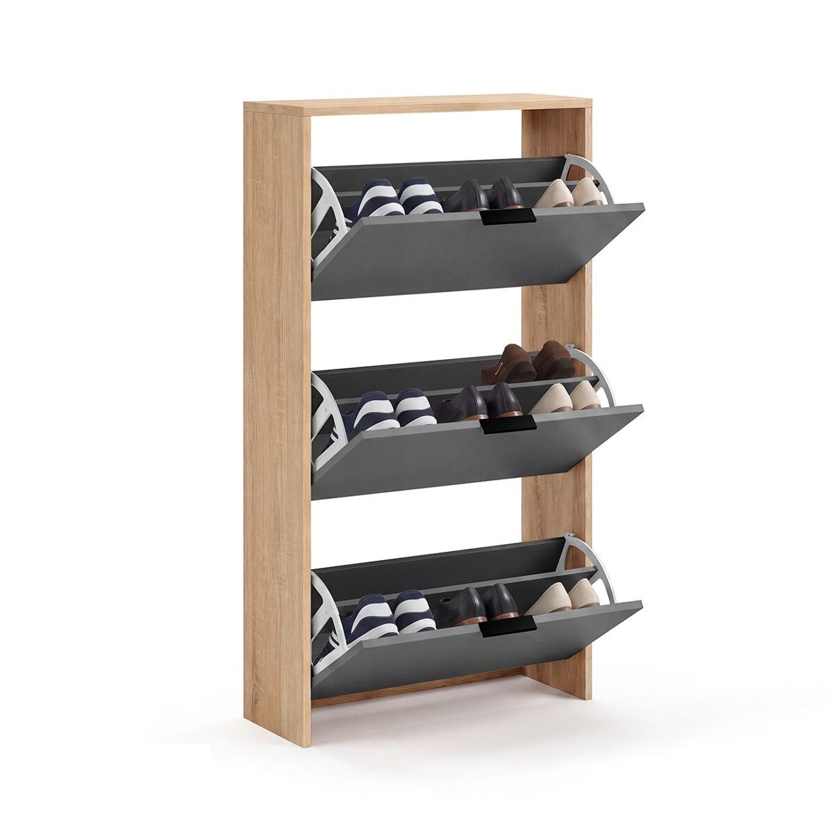 Zapatero de 3 puertas abatibles en roble canadian y gris grafito 60x113 cm remi