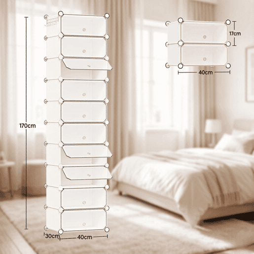 Armário modular para sapatos 40x30x170 cm - Organizador multifuncional para sapatos, livros, brinquedos e roupa - Branco