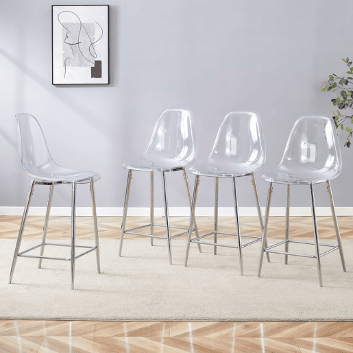 Bancos de bar, 4 unidades - Design moderno transparente com estrutura metálica - Prateado Bancos de bar, 4 unidades - Design moderno transparente com estrutura metálica - Prateado