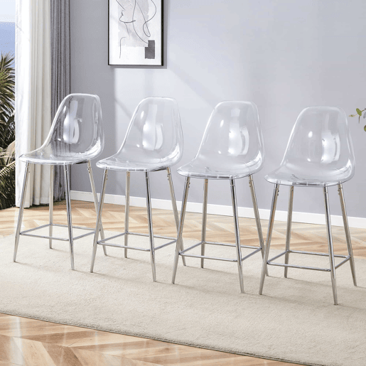 Bancos de bar, 4 unidades - Design moderno transparente com estrutura metálica - Prateado Bancos de bar, 4 unidades - Design moderno transparente com estrutura metálica - Prateado
