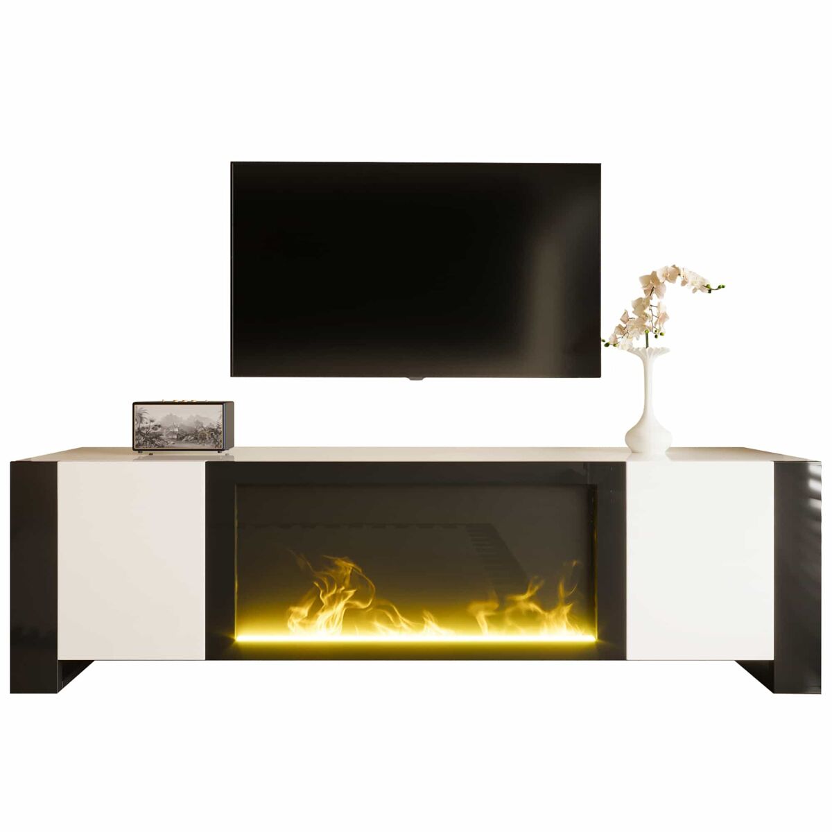 mueble tv con chimenea electrica - efecto de llama sin funcion de calefaccion alto brillo - blanconegro