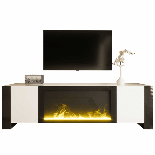 Móvel de TV com lareira elétrica - Efeito de chama, sem função de aquecimento, Alto brilho - Branco+Preto