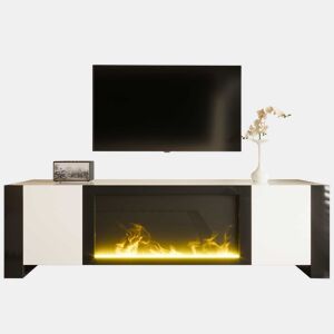 Móvel de TV com lareira elétrica - Efeito de chama, sem função de aquecimento, Alto brilho - Branco+Preto