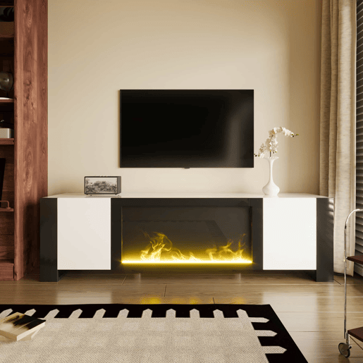 Móvel de TV com lareira elétrica - Efeito de chama, sem função de aquecimento, Alto brilho - Branco+Preto