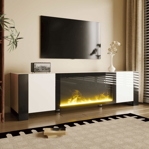 Móvel de TV com lareira elétrica - Efeito de chama, sem função de aquecimento, Alto brilho - Branco+Preto