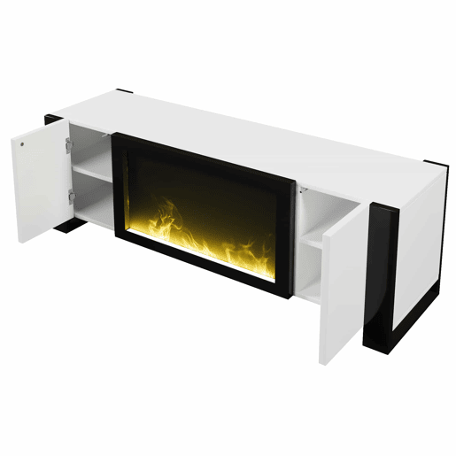 Móvel de TV com lareira elétrica - Efeito de chama, sem função de aquecimento, Alto brilho - Branco+Preto