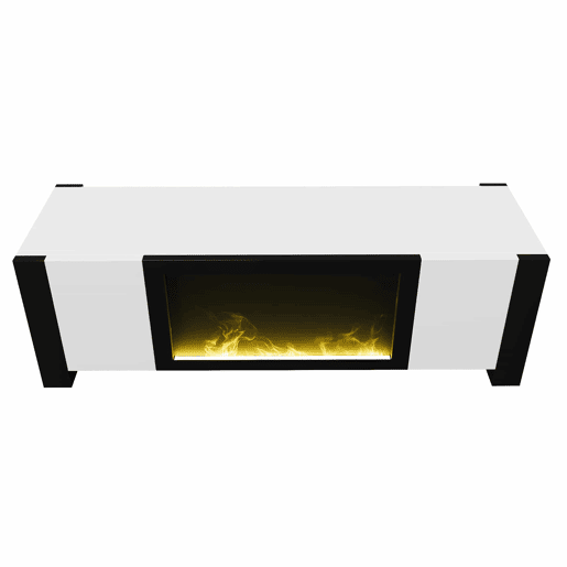 Móvel de TV com lareira elétrica - Efeito de chama, sem função de aquecimento, Alto brilho - Branco+Preto