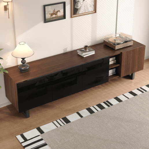 Móvel de TV 180x38 cm - 4 portas, baixo, design vintage - Preto e Natural Móvel de TV 180x38 cm - 4 portas, baixo, design vintage - Preto e Natural