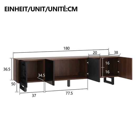 Móvel de TV 180x38 cm - 4 portas, baixo, design vintage - Preto e Natural Móvel de TV 180x38 cm - 4 portas, baixo, design vintage - Preto e Natural