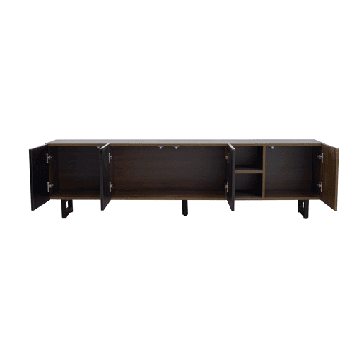 Móvel de TV 180x38 cm - 4 portas, baixo, design vintage - Preto e Natural Móvel de TV 180x38 cm - 4 portas, baixo, design vintage - Preto e Natural