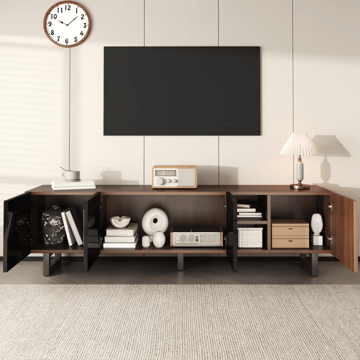 Móvel de TV 180x38 cm - 4 portas, baixo, design vintage - Preto e Natural Móvel de TV 180x38 cm - 4 portas, baixo, design vintage - Preto e Natural