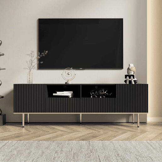 Móvel moderno para televisão - com 2 portas e 2 gavetas - pés metálicos - Preto Móvel moderno para televisão - com 2 portas e 2 gavetas - pés metálicos - Preto