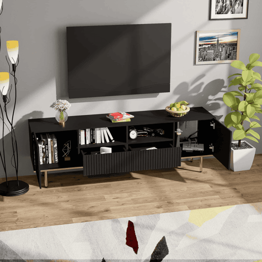 Móvel moderno para televisão - com 2 portas e 2 gavetas - pés metálicos - Preto Móvel moderno para televisão - com 2 portas e 2 gavetas - pés metálicos - Preto