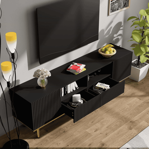 Móvel moderno para televisão - com 2 portas e 2 gavetas - pés metálicos - Preto Móvel moderno para televisão - com 2 portas e 2 gavetas - pés metálicos - Preto