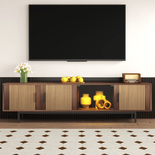 Móvel de TV Lowboard - Textura esculpida, LED e porta de vidro temperado - Preto, Nogueira Móvel de TV Lowboard - Textura esculpida, LED e porta de vidro temperado - Preto, Nogueira