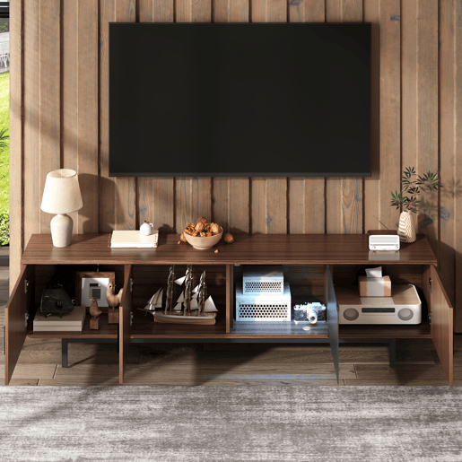 Móvel de TV Lowboard - Textura esculpida, LED e porta de vidro temperado - Preto, Nogueira Móvel de TV Lowboard - Textura esculpida, LED e porta de vidro temperado - Preto, Nogueira