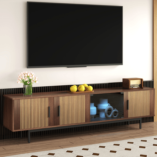 Móvel de TV Lowboard - Textura esculpida, LED e porta de vidro temperado - Preto, Nogueira Móvel de TV Lowboard - Textura esculpida, LED e porta de vidro temperado - Preto, Nogueira