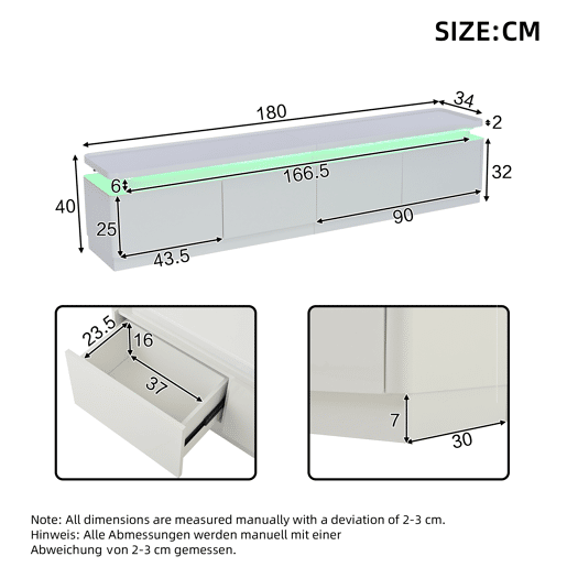 Móvel para TV 180x34x40 cm - Com 4 gavetas, LED, baixo brilho, para TV de 80 - Branco Móvel para TV 180x34x40 cm - Com 4 gavetas, LED, baixo brilho, para TV de 80 - Branco