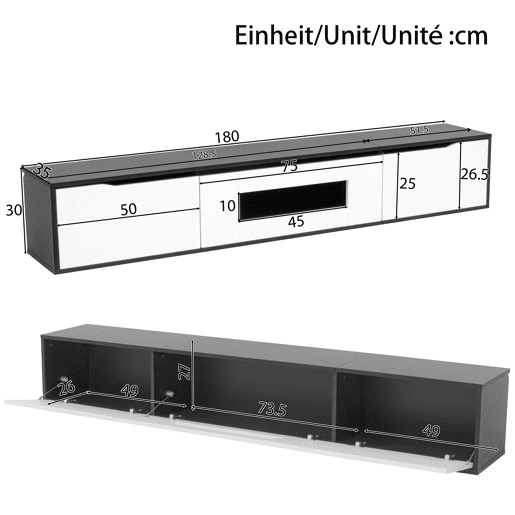 Móvel de TV 180 cm - Moderno com LED, USB e luz mutável - Preto e Branco