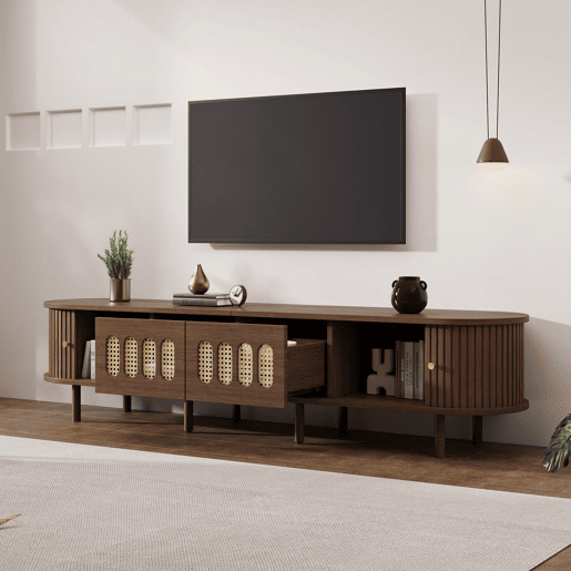 Móvel de TV ovalado 180x40x40 cm - rattan, 2 gavetas - nogueira Móvel de TV ovalado 180x40x40 cm - rattan, 2 gavetas - nogueira