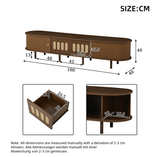 Móvel de TV ovalado 180x40x40 cm - rattan, 2 gavetas - nogueira Móvel de TV ovalado 180x40x40 cm - rattan, 2 gavetas - nogueira
