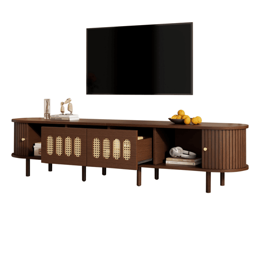 Móvel de TV ovalado 180x40x40 cm - rattan, 2 gavetas - nogueira Móvel de TV ovalado 180x40x40 cm - rattan, 2 gavetas - nogueira