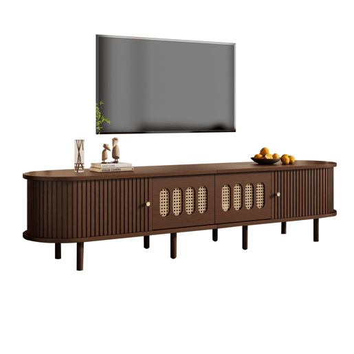 Móvel de TV ovalado 180x40x40 cm - rattan, 2 gavetas - nogueira Móvel de TV ovalado 180x40x40 cm - rattan, 2 gavetas - nogueira