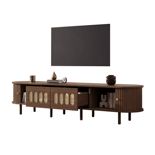 Móvel de TV ovalado 180x40x40 cm - rattan, 2 gavetas - nogueira Móvel de TV ovalado 180x40x40 cm - rattan, 2 gavetas - nogueira