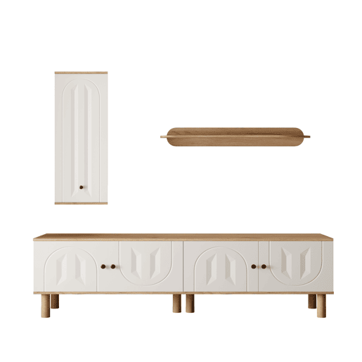 Conjunto de parede de 3 peças - painéis de porta esculpidos, branco e madeira