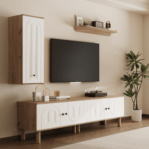 Conjunto de parede de 3 peças - painéis de porta esculpidos, branco e madeira