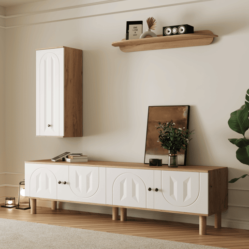 Conjunto de parede de 3 peças - painéis de porta esculpidos, branco e madeira