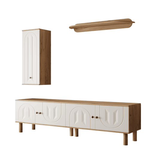 Conjunto de parede de 3 peças - painéis de porta esculpidos, branco e madeira