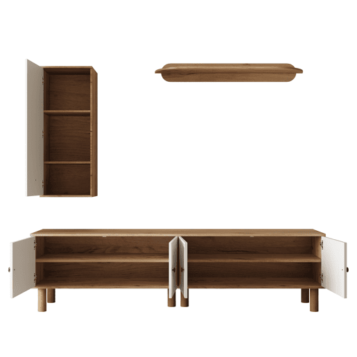 Conjunto de parede de 3 peças - painéis de porta esculpidos, branco e madeira