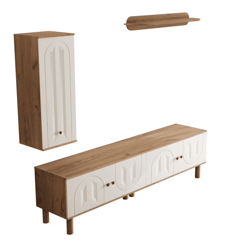 Conjunto de parede de 3 peças - painéis de porta esculpidos, branco e madeira