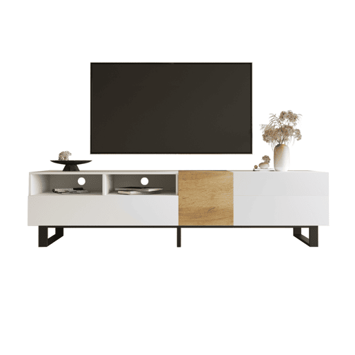 Móvel TV 180 cm - com 2 gavetas e 5 compartimentos - em MDF - Branco e Natural Móvel TV 180 cm - com 2 gavetas e 5 compartimentos - em MDF - Branco e Natural