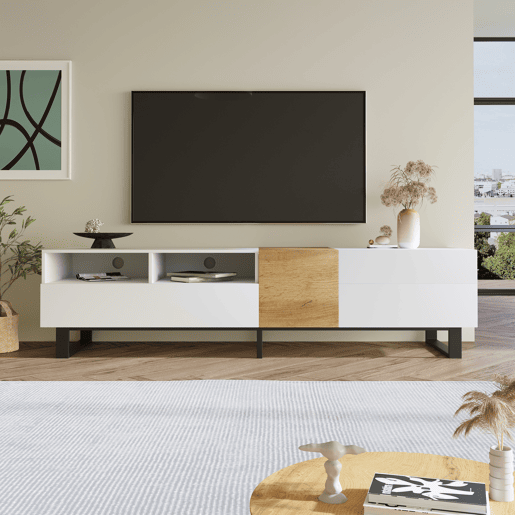 Móvel TV 180 cm - com 2 gavetas e 5 compartimentos - em MDF - Branco e Natural Móvel TV 180 cm - com 2 gavetas e 5 compartimentos - em MDF - Branco e Natural