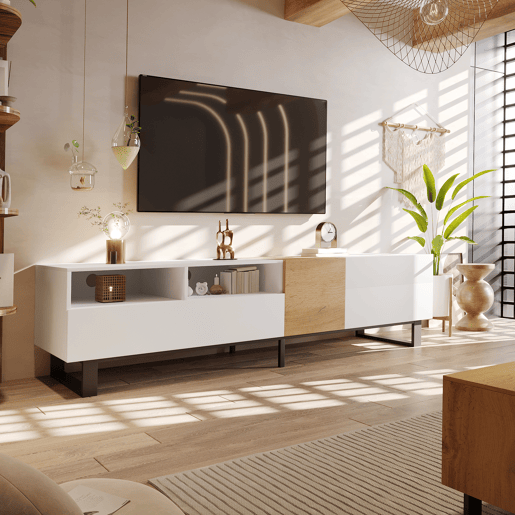 Móvel TV 180 cm - com 2 gavetas e 5 compartimentos - em MDF - Branco e Natural Móvel TV 180 cm - com 2 gavetas e 5 compartimentos - em MDF - Branco e Natural