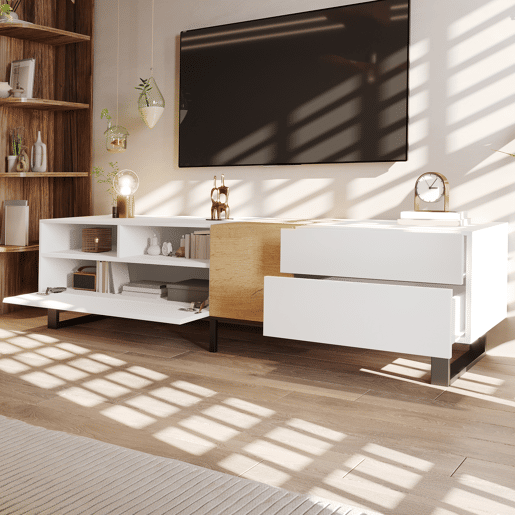 Móvel TV 180 cm - com 2 gavetas e 5 compartimentos - em MDF - Branco e Natural Móvel TV 180 cm - com 2 gavetas e 5 compartimentos - em MDF - Branco e Natural