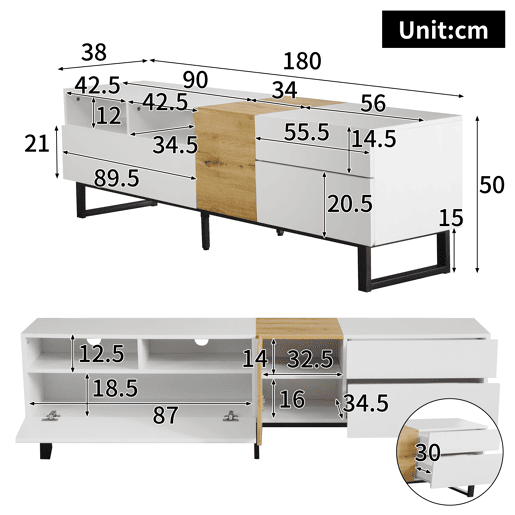 Móvel TV 180 cm - com 2 gavetas e 5 compartimentos - em MDF - Branco e Natural Móvel TV 180 cm - com 2 gavetas e 5 compartimentos - em MDF - Branco e Natural