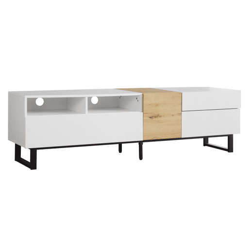 Móvel TV 180 cm - com 2 gavetas e 5 compartimentos - em MDF - Branco e Natural Móvel TV 180 cm - com 2 gavetas e 5 compartimentos - em MDF - Branco e Natural