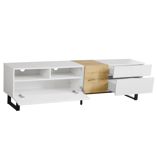 Móvel TV 180 cm - com 2 gavetas e 5 compartimentos - em MDF - Branco e Natural Móvel TV 180 cm - com 2 gavetas e 5 compartimentos - em MDF - Branco e Natural