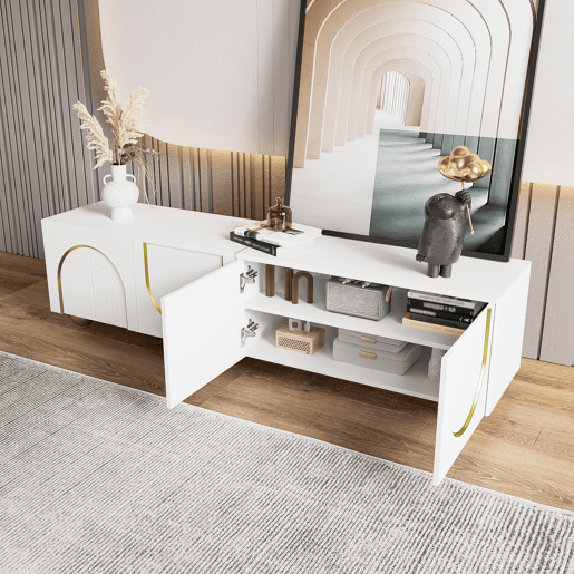 Móvel de TV baixo - portas estruturadas, gavetas e prateleiras abertas, puxadores e pés dourados - Branco Móvel de TV baixo - portas estruturadas, gavetas e prateleiras abertas, puxadores e pés dourados - Branco