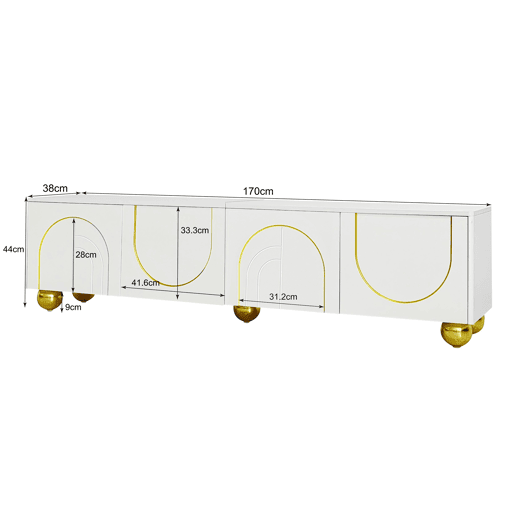 Móvel de TV baixo - portas estruturadas, gavetas e prateleiras abertas, puxadores e pés dourados - Branco Móvel de TV baixo - portas estruturadas, gavetas e prateleiras abertas, puxadores e pés dourados - Branco