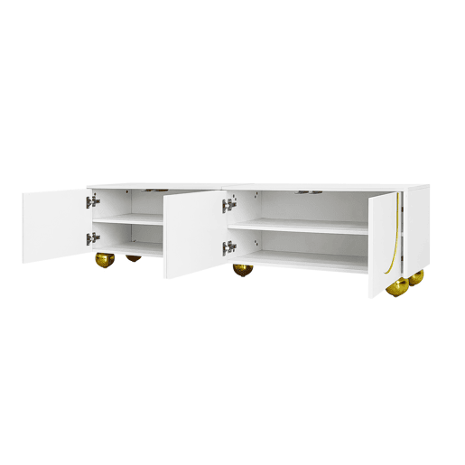 Móvel de TV baixo - portas estruturadas, gavetas e prateleiras abertas, puxadores e pés dourados - Branco Móvel de TV baixo - portas estruturadas, gavetas e prateleiras abertas, puxadores e pés dourados - Branco