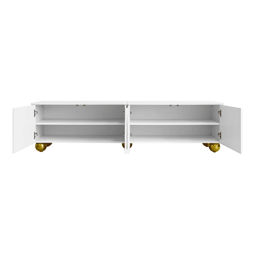 Móvel de TV baixo - portas estruturadas, gavetas e prateleiras abertas, puxadores e pés dourados - Branco Móvel de TV baixo - portas estruturadas, gavetas e prateleiras abertas, puxadores e pés dourados - Branco