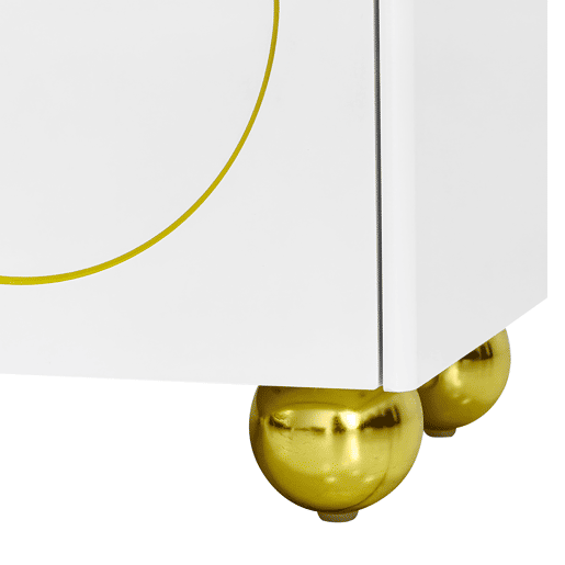 Móvel de TV baixo - portas estruturadas, gavetas e prateleiras abertas, puxadores e pés dourados - Branco Móvel de TV baixo - portas estruturadas, gavetas e prateleiras abertas, puxadores e pés dourados - Branco
